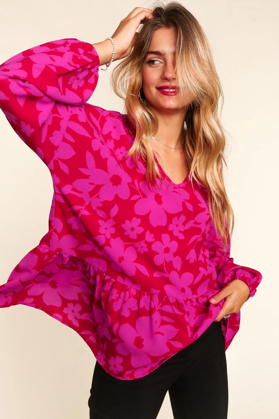 RED FUCHSIA FLORAL BUBBLE WOVEN PEPLUM TOP