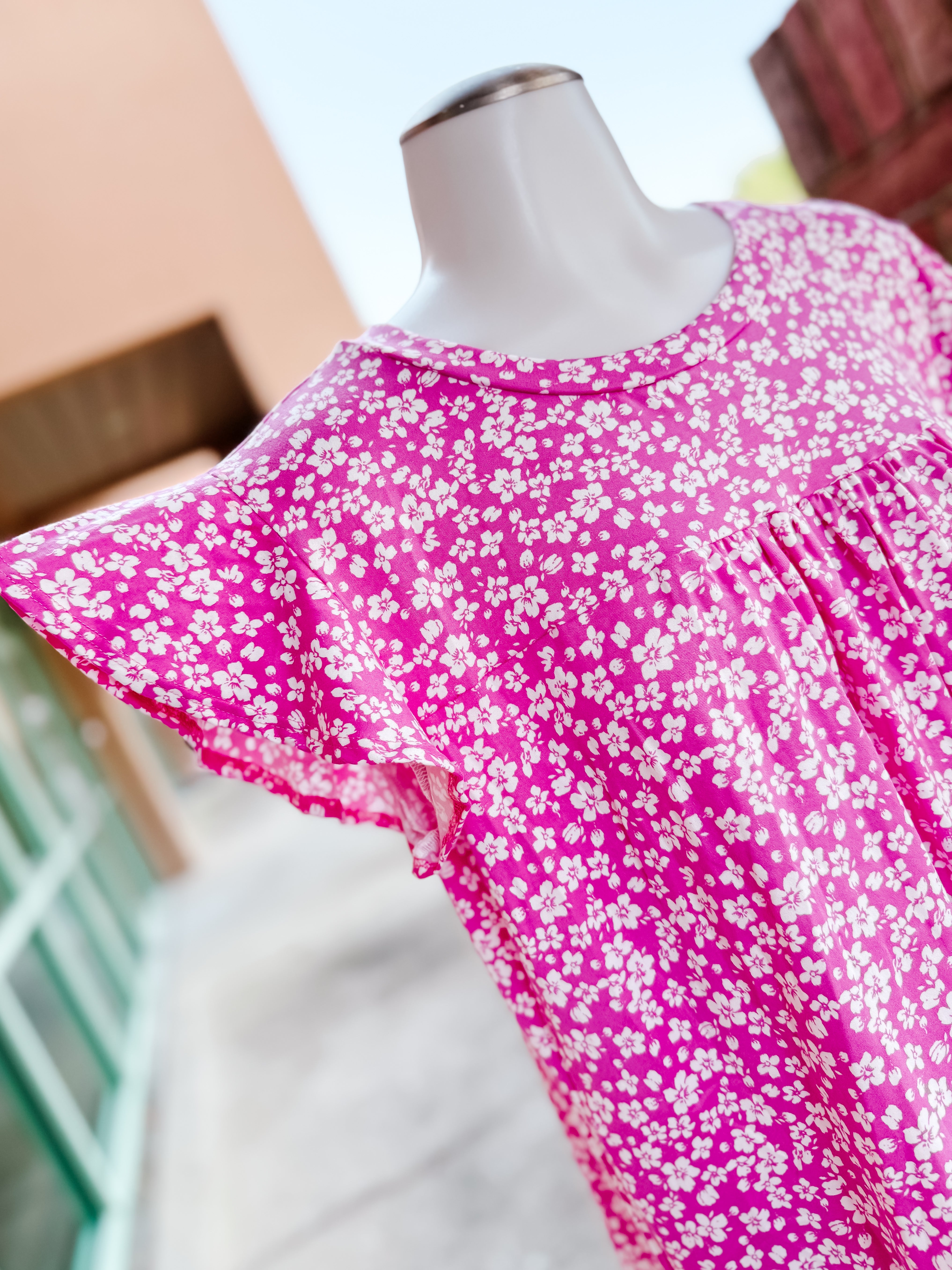 Fuchsia Floral Ruffle Short Sleeve Top- SALE