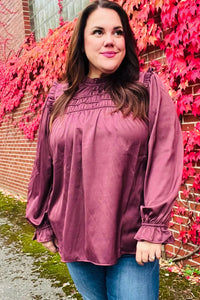 WINE MARSALA BE YOUR BEST SATIN SHIRRED YOKE FRILLY MOCK NECK BLOUSE