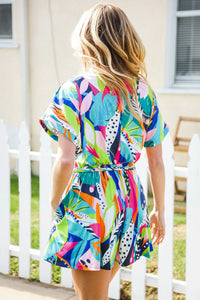 BUTTERY SOFT TROPICCAL PRINT NAVY PINK ORANGE GREEN BRIGHT VIVID SUMMER SURPLICE TIE WAIST ROMPER-PLUS