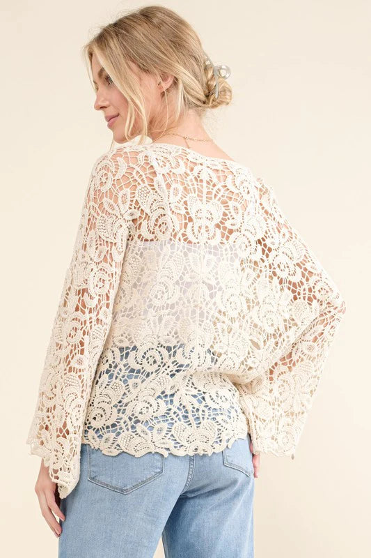 IVORY CROCHET TIE HEM CARDIGAN-PLUS