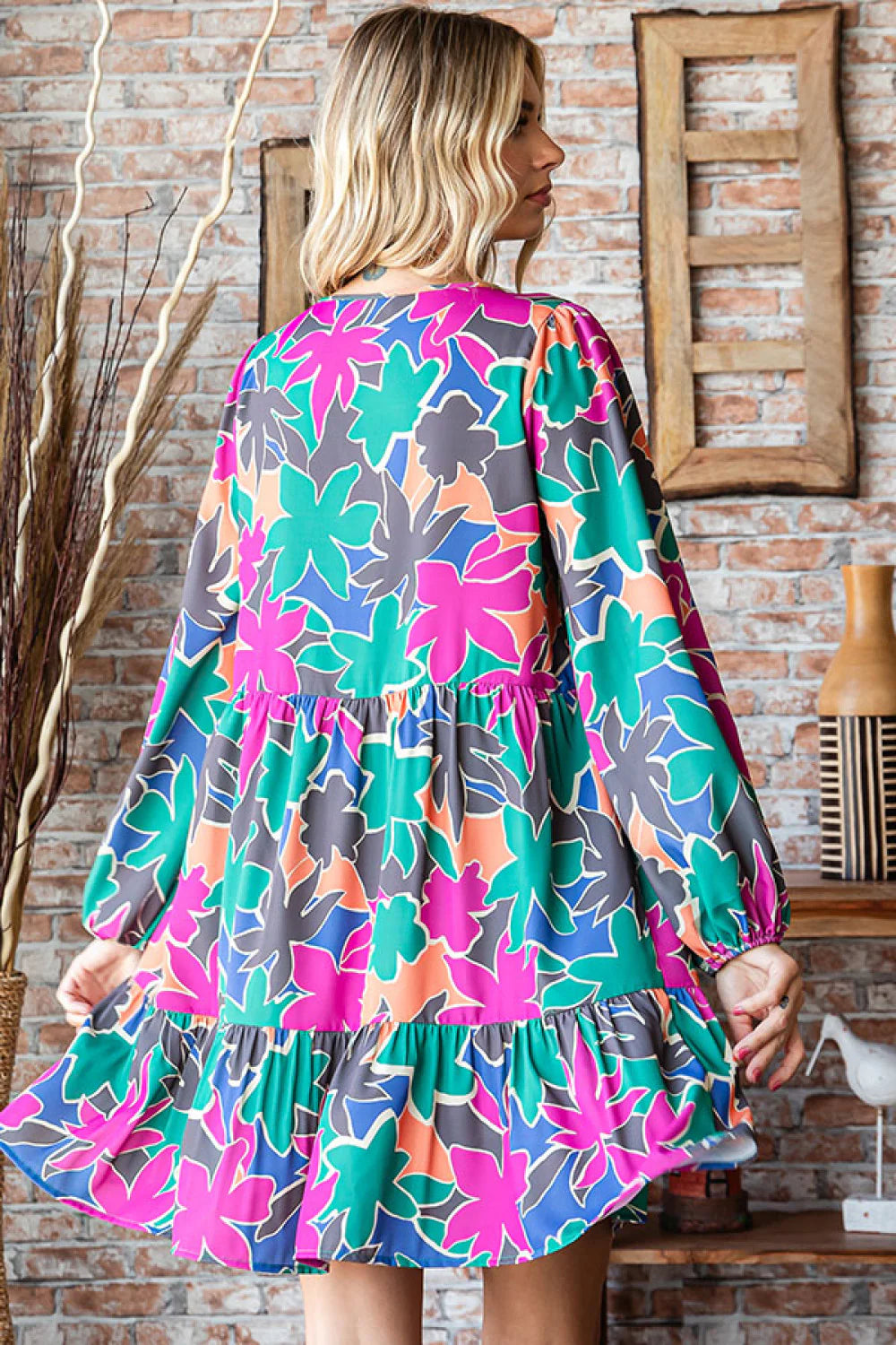 AQUA TEAL PINK FLORAL MULTI COLOR ABSTRACT PRINTED LONGSLEEVE DRESS