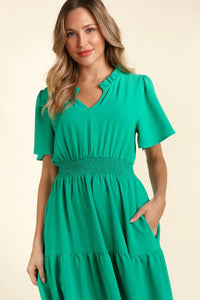 GREEN MAXI TIERED SMOCKED WAIST SIDE POCKETED DRESS