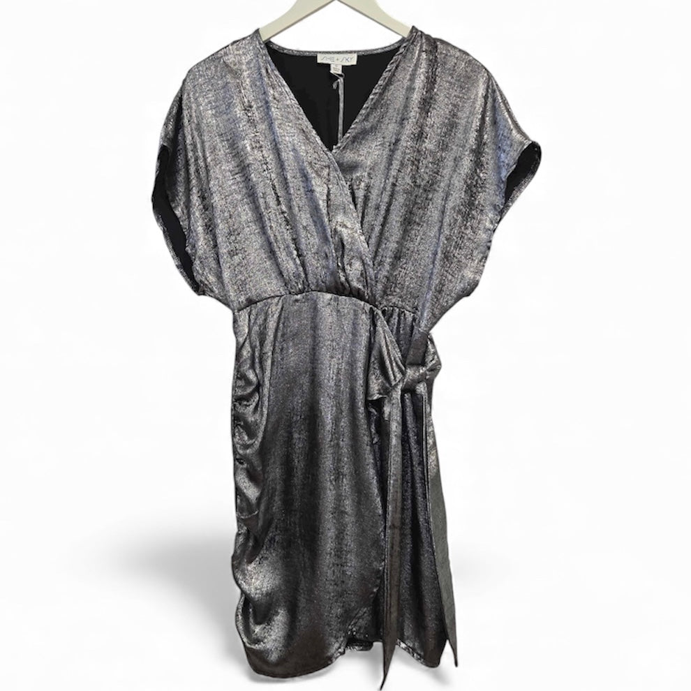 FANCY SILVER VNECK RUCHED-DRAPING SIDES, WAIST-TIE DRESS