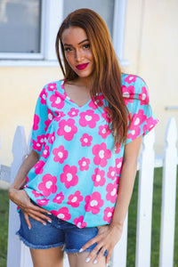 AQUA BLUE AND PINK FLORAL PRINT DOLMAN TOP-PLUS
