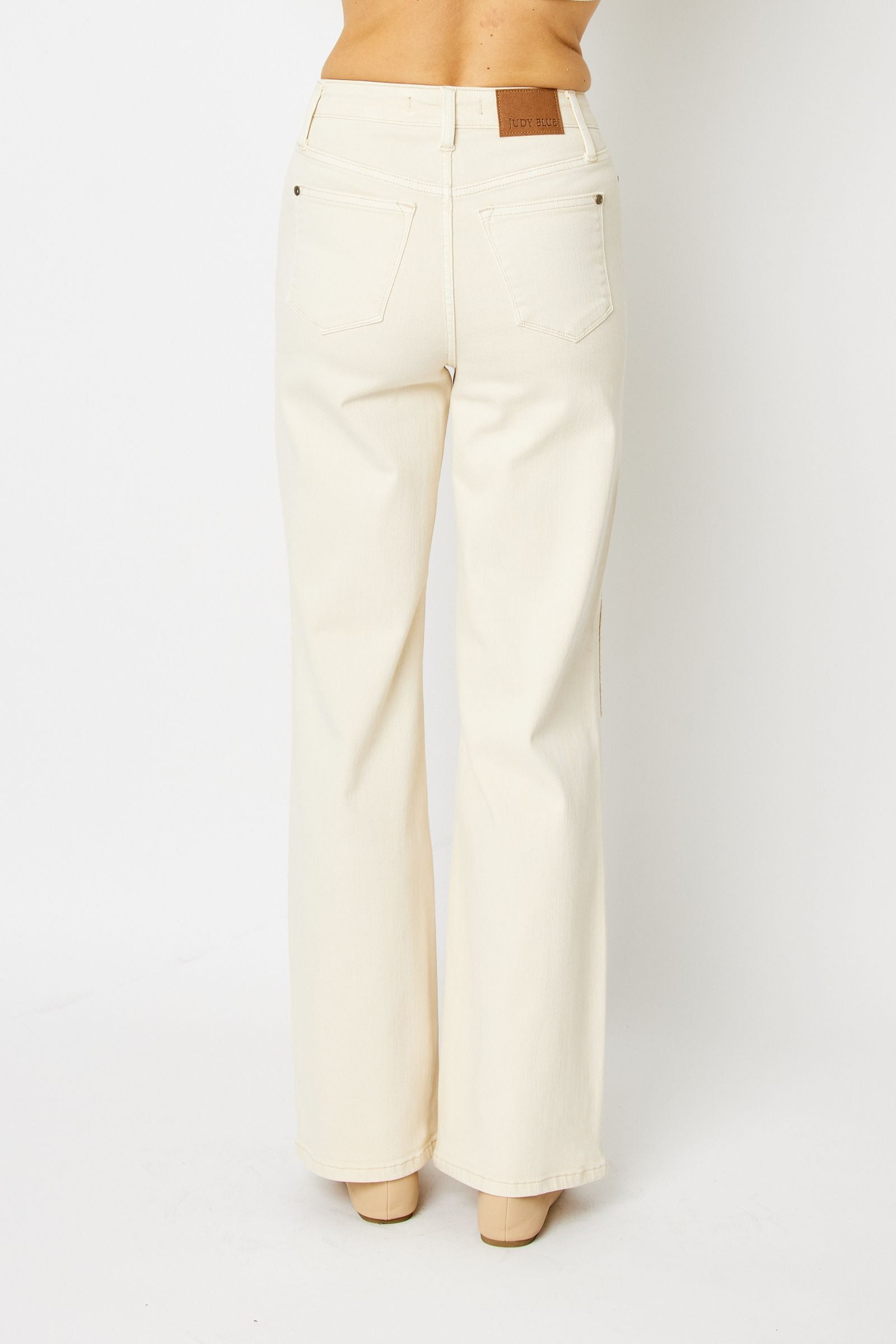 ECRU/OFF-WHITE HIGH WAIST GARMENT DYED CROCHET PATCHES WIDE LEG JUDY BLUE DENIM