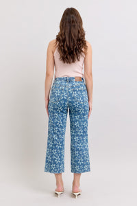 HIGH WAIST FLOWER PRINT CROPPED WIDE LEG JUDY BLUE DENIM MEDIUM WASH