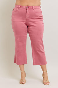 ROSE HIGH WAIST GARMENT DYED RAW HEM CROP WIDE LEG JUDY BLUE DENIM-PLUS