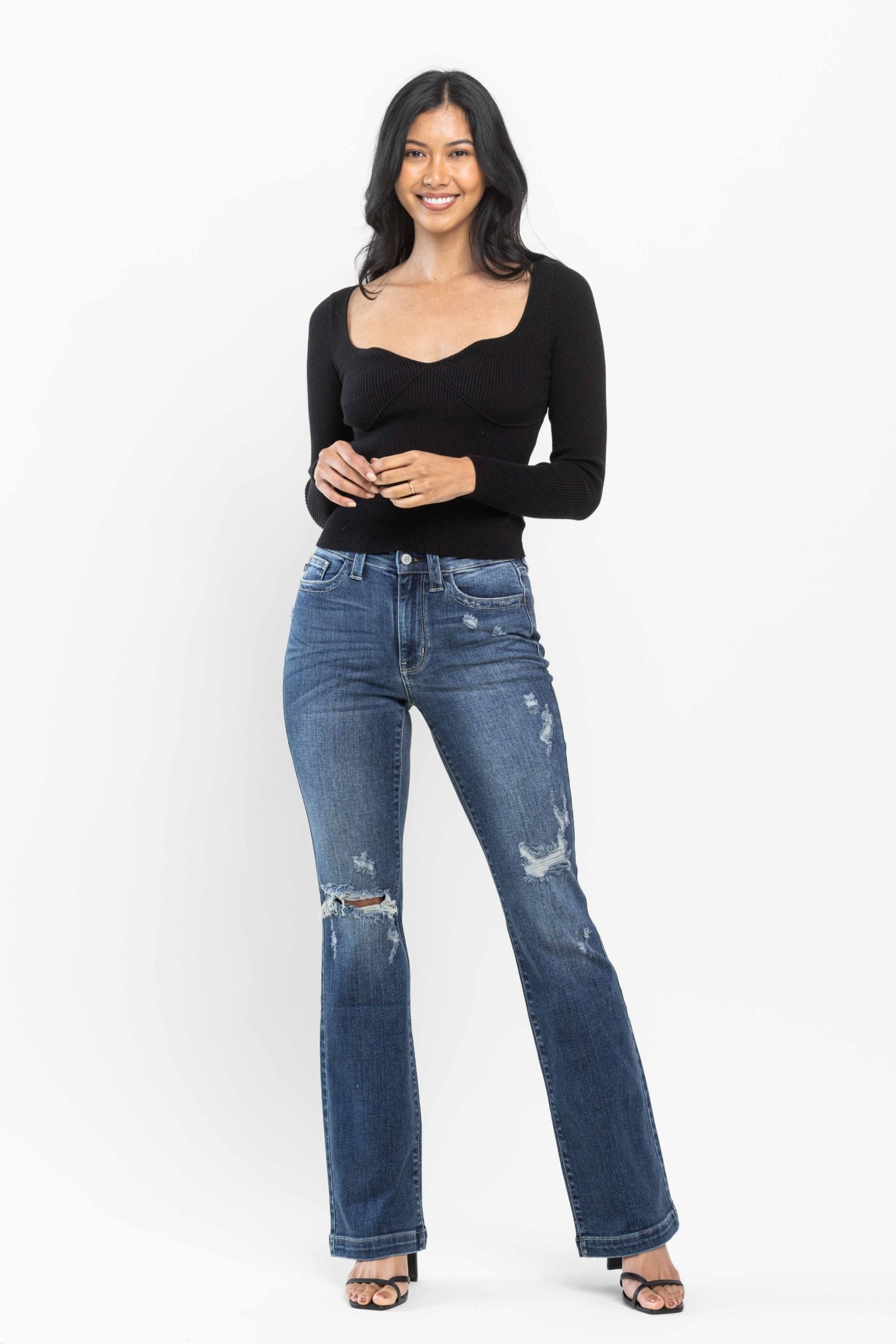 DARKWASH MID RISE HAND SAND DESTROYED BOOTCUT JUDY BLUE DENIM-PLUS