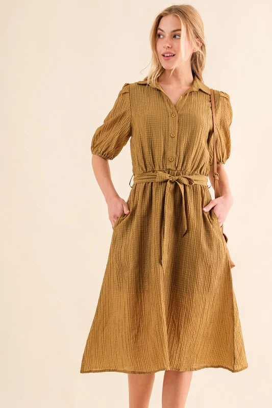 MARIGOLD TEXTURED LINED MIDI WAIST TIE DRESS-PLUS