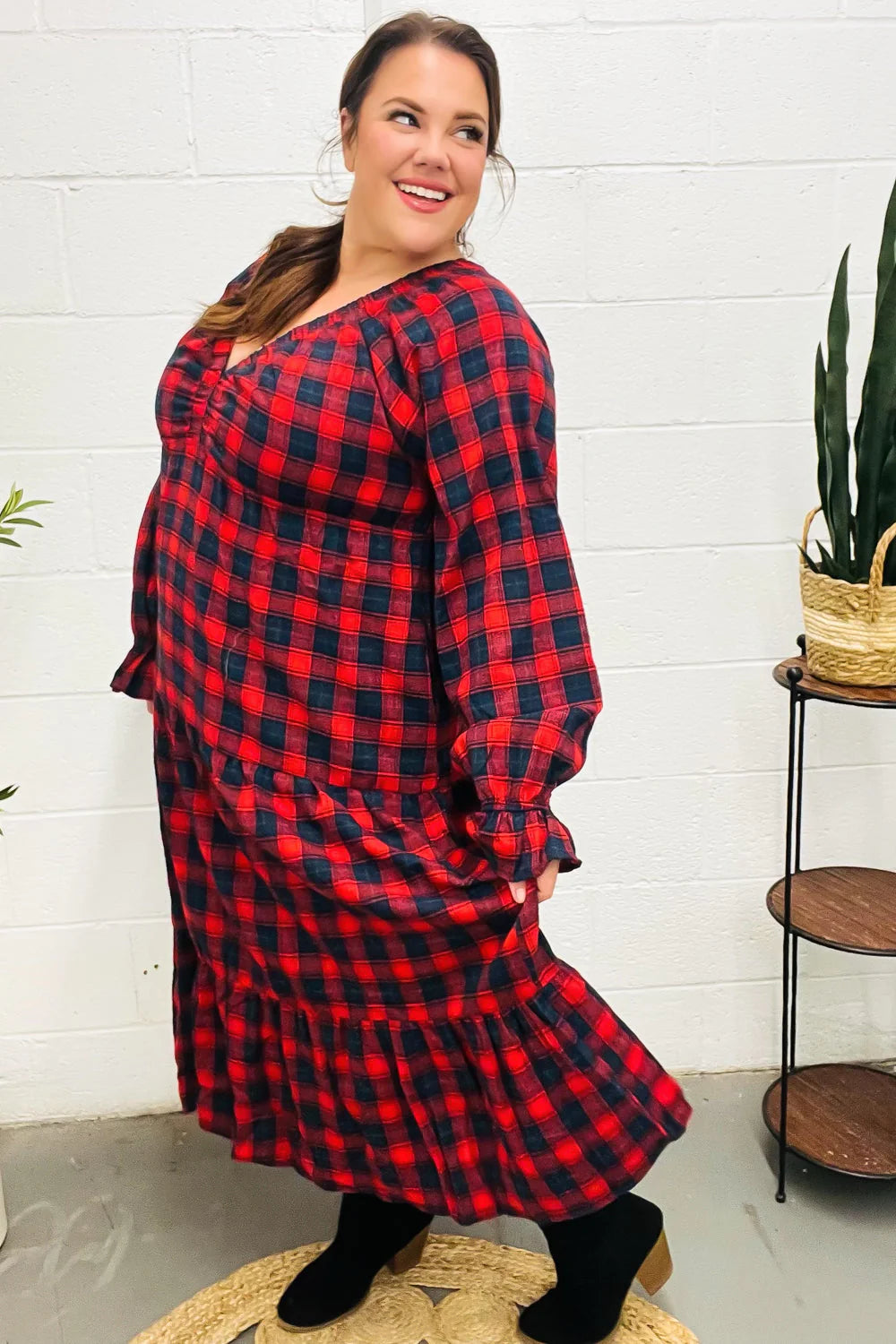 CHRISTMAS PLAID RUFFLE VNECK ELASTIC WAIST MAXI DRESS