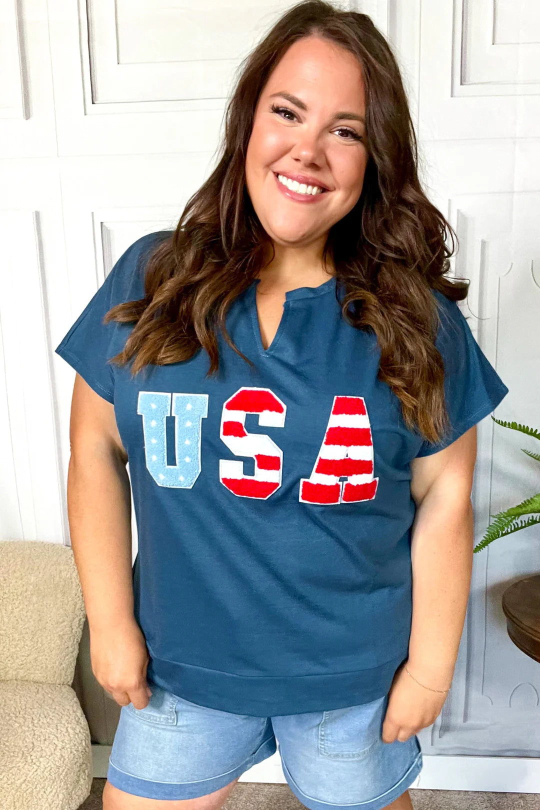 NAVY "USA" RWB PATCH NOTCHED NECK DOLMAN VNECK TOP- PLUS- SALE