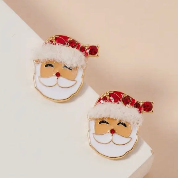 RED SANTA CLAUS STUD EARRINGS WITH RHINESTONE & FUZZY HAT DETAIL