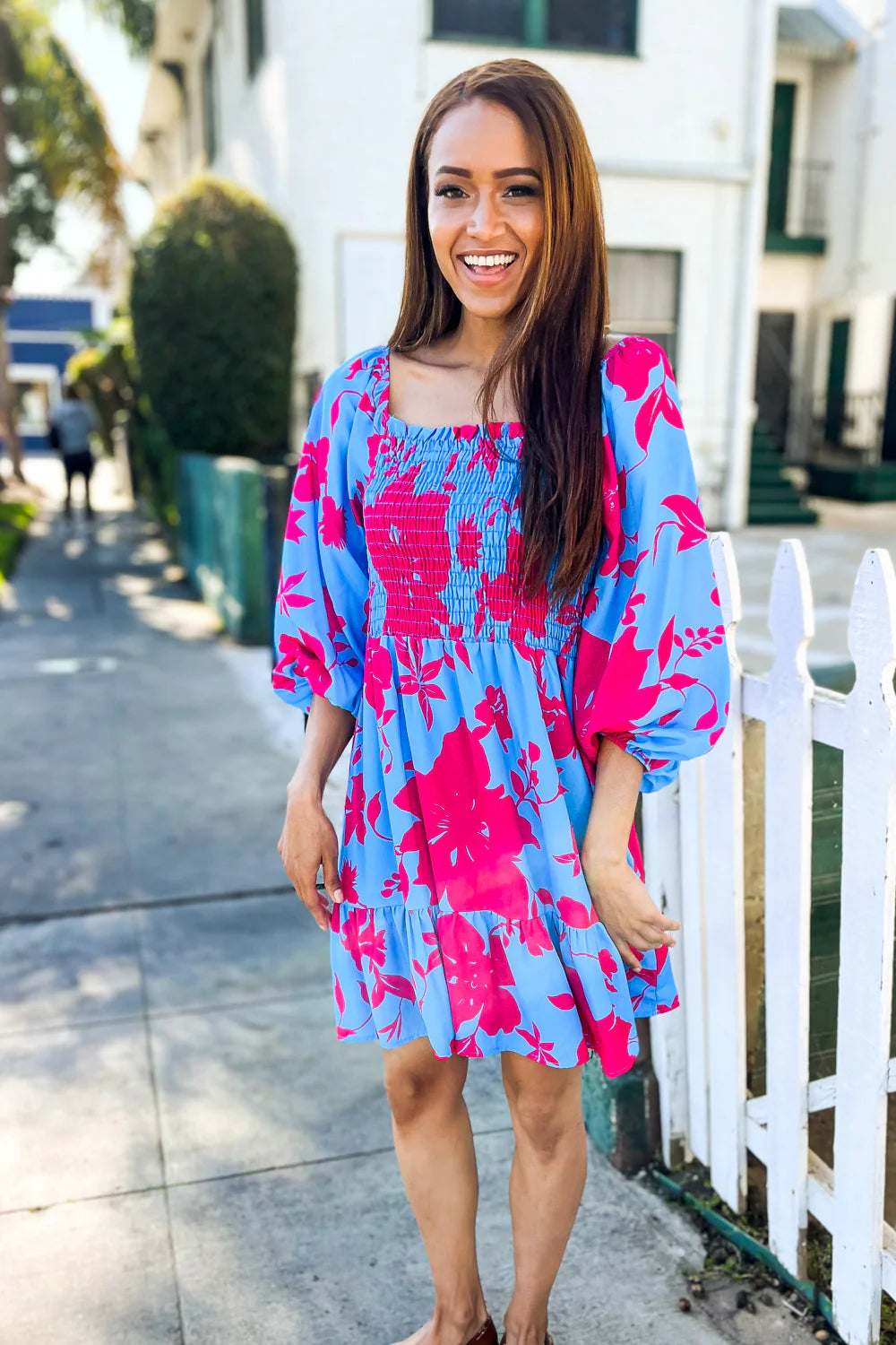 PERIWINKLE BLUE & HOT PINK FLORAL SMOCKED FIT & FLARE DRESS