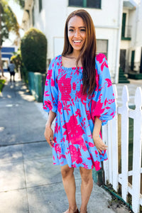 PERIWINKLE BLUE & HOT PINK FLORAL SMOCKED FIT & FLARE DRESS
