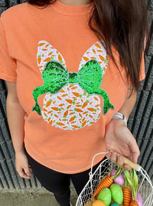 ORANGE SPRING FLORAL BUNNY SEQUIN BOW EASTER HANDMADE APPLIQUED TEE