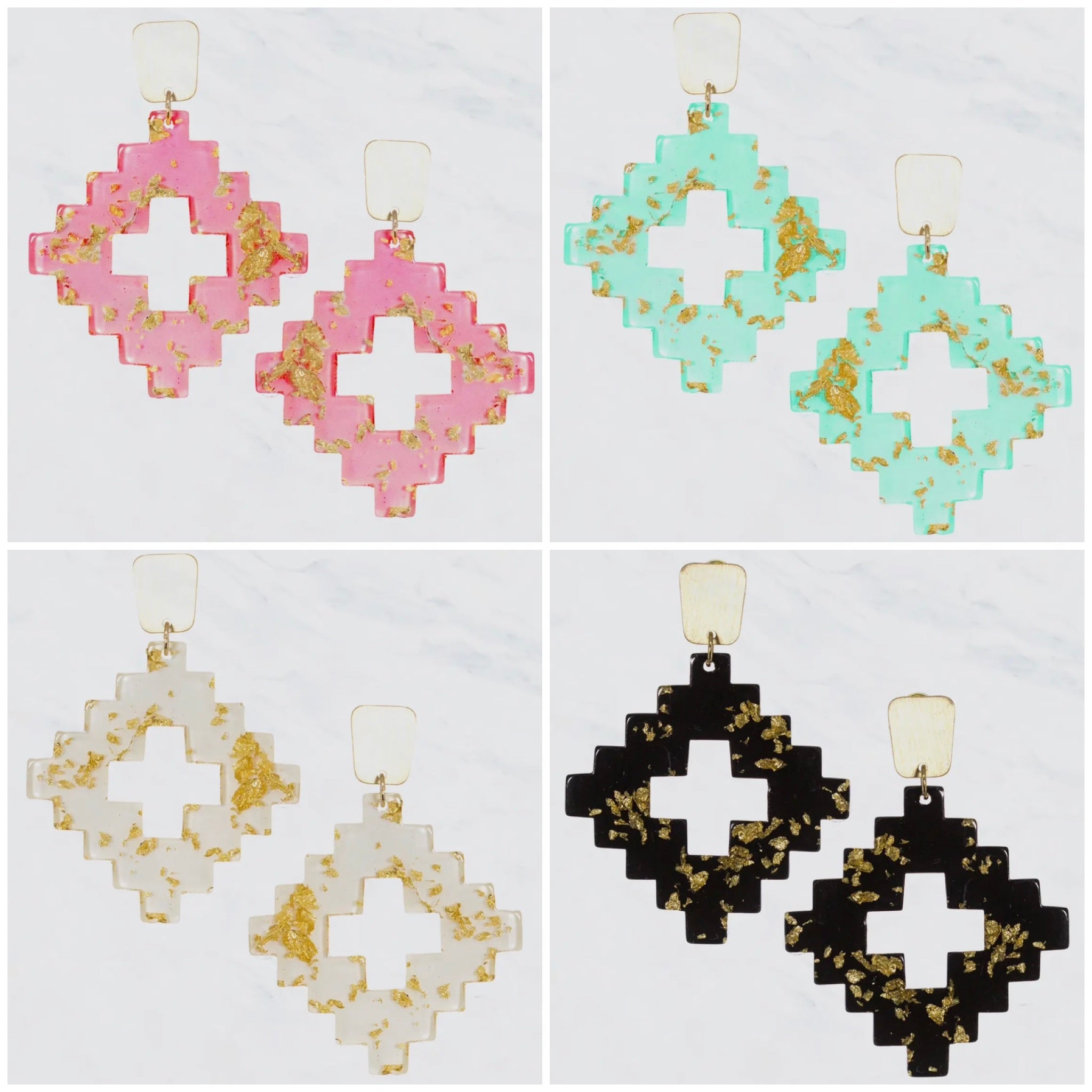 AZTEC SHAPE GOLD FLAKE SPECKLES EARRINGS