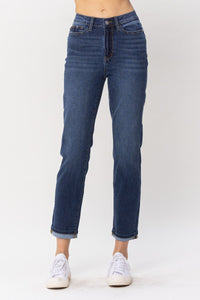 DARKWASH HIGH WAIST COOL DENIM SUSTAINABLE CUFF BOYFRIEND JUDY BLUE DENIM-PLUS