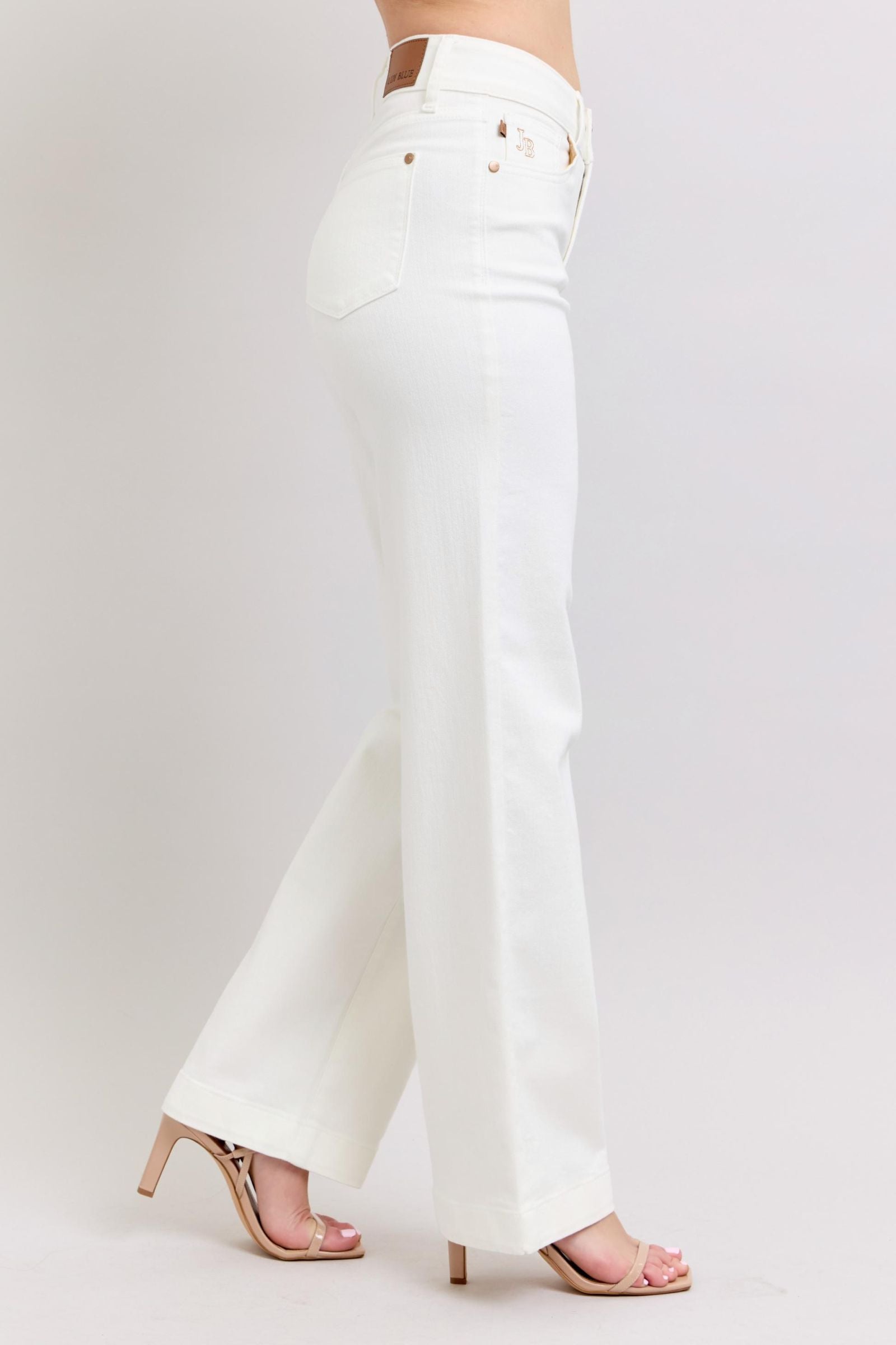 HIGH WAIST DOUBLE BUTTON WAISTBAND TROUSER WHITE WIDE LEG COIN POCKET EMBROIDERY DETAIL JUDY BLUE DENIM-PLUS