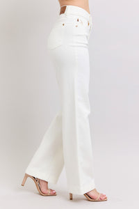 HIGH WAIST DOUBLE BUTTON WAISTBAND TROUSER WHITE WIDE LEG COIN POCKET EMBROIDERY DETAIL JUDY BLUE DENIM-PLUS