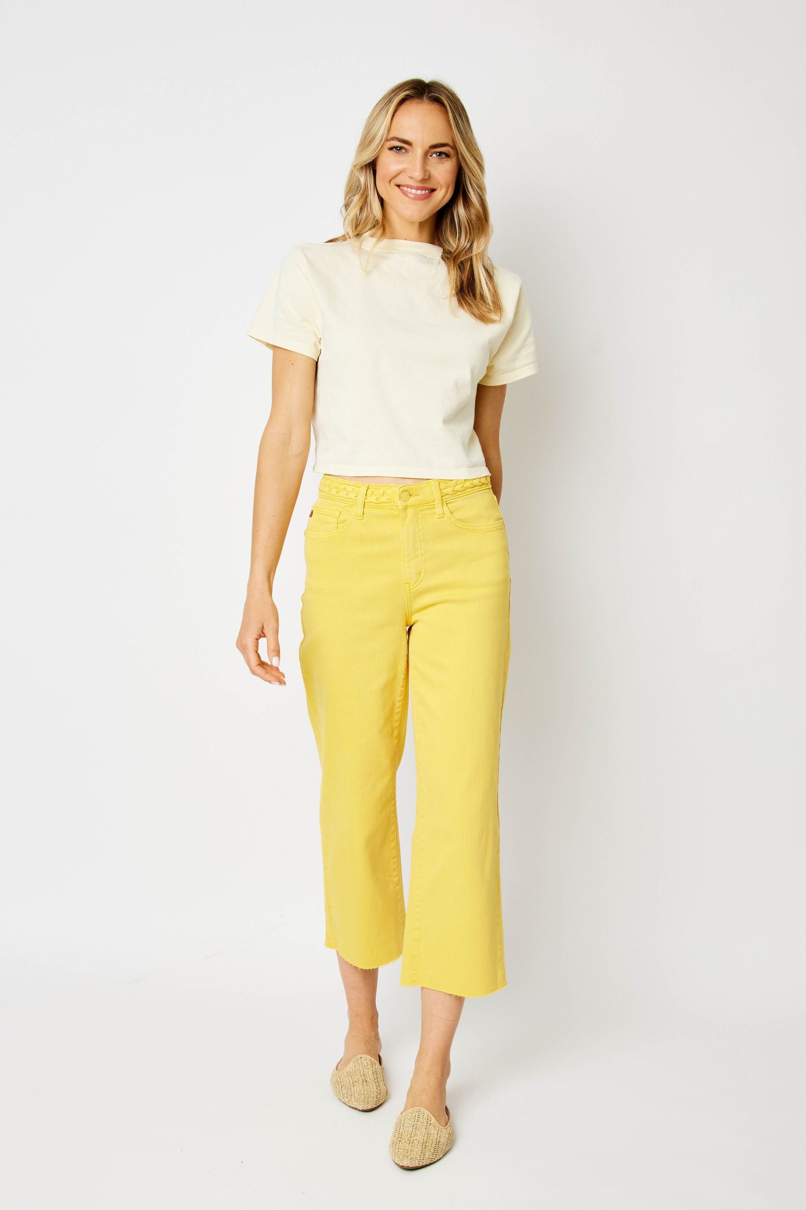 YELLOW HIGH WAIST GARMENT DYED BRAIDED WAISTBAND CROP WIDE LEG DENIM JUDY BLUE