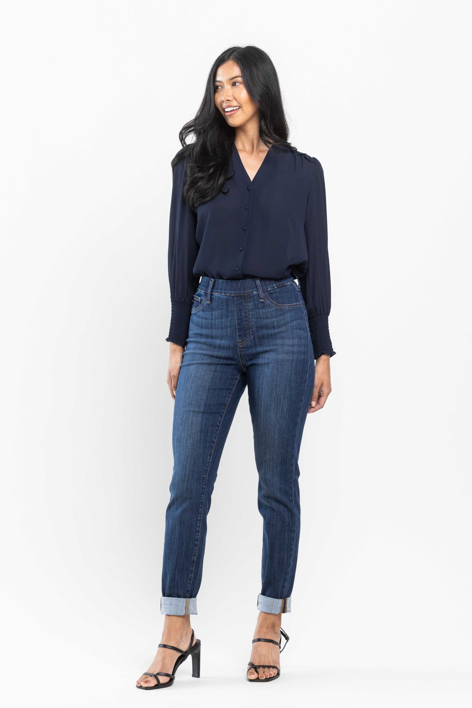 Darkwash High Waist Judy Blue Double Cuff Slim Fit Pull On Denim- SIZE 1 left.