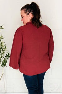 BURGUNDY FRILLED EDGED VNECK TIE LONG SLEEVE TOP-PLUS