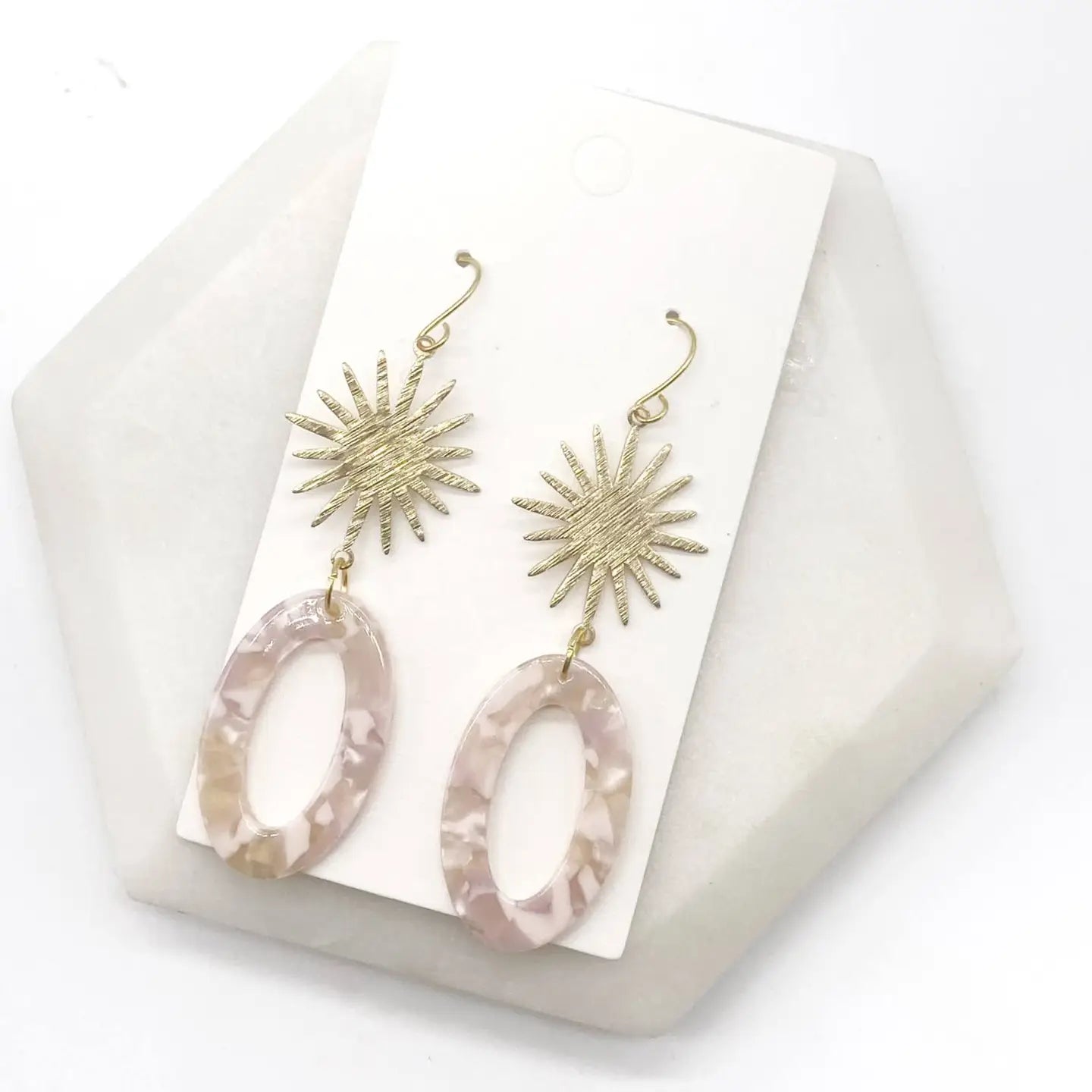 PEACH OVAL LOOPED SUNBURST SPARK ACRYLIC GOLD STATEMENT HANDMADE BBB EARRINGS