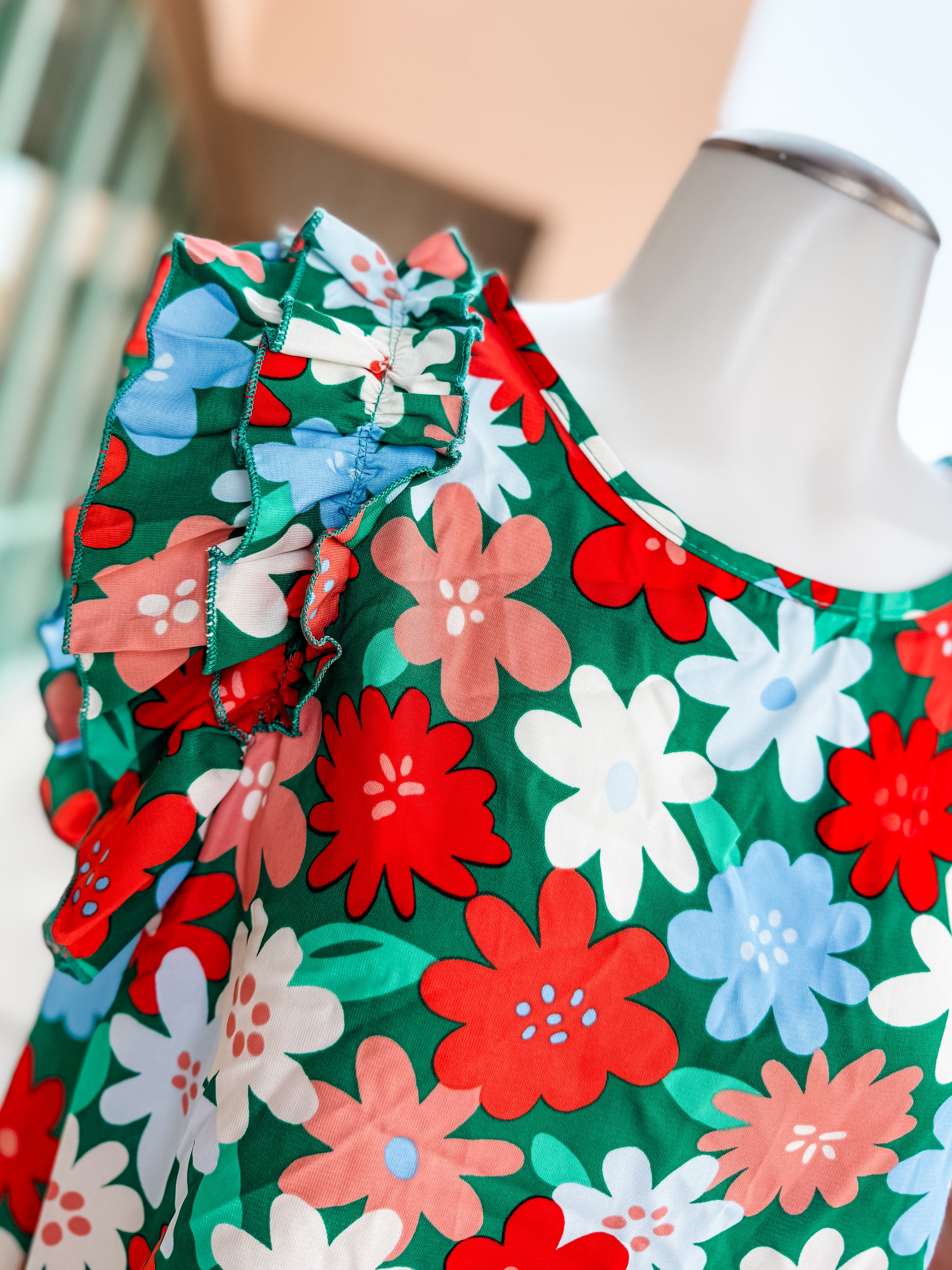 Green Coral Blue Floral Flutter Top- SALE