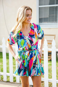 BUTTERY SOFT TROPICCAL PRINT NAVY PINK ORANGE GREEN BRIGHT VIVID SUMMER SURPLICE TIE WAIST ROMPER-PLUS