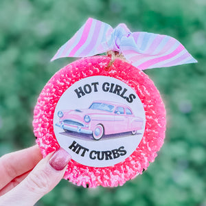 STRAWBERRY HOT GIRLS HIT CURBS RETRO VINTAGE PINK CAR FRESHIE WITH RIBBON