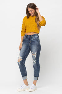 MID RISE CUFFED DESTROYED BOYFRIEND MEDIUM WASH JUDY BLUE DENIM