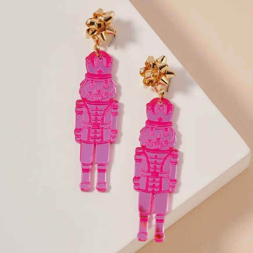 PINK NUTCRACKER FULL BODY DANGLY ACRYLIC EARRINGS