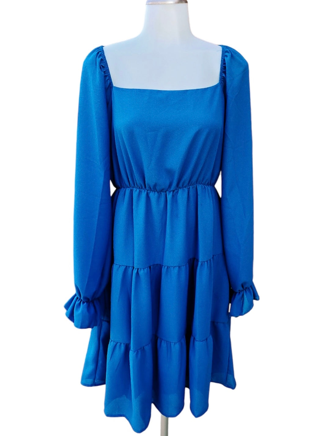 Teal Puff Sleeve Ruffle Hem Tiered Woven Dress