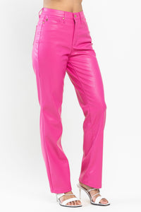 STRAIGHT LEG HOT PINK BARBIE COLOR FAUX LEATHER PANTS BY JUDY BLUE TUMMY CONTROL- SIZE 7/28