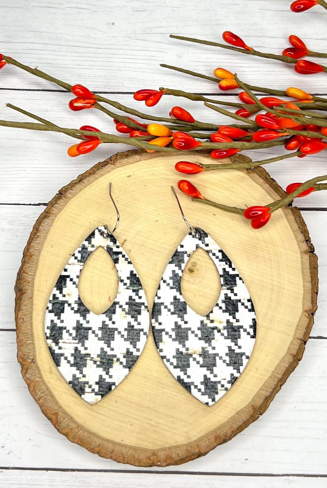 BLACK & WHITE HOUNDSTOOTH PRINTED TEARDROP OPEN-CENTER LEATHER HANDMADE EARRINGS BY B.O.D