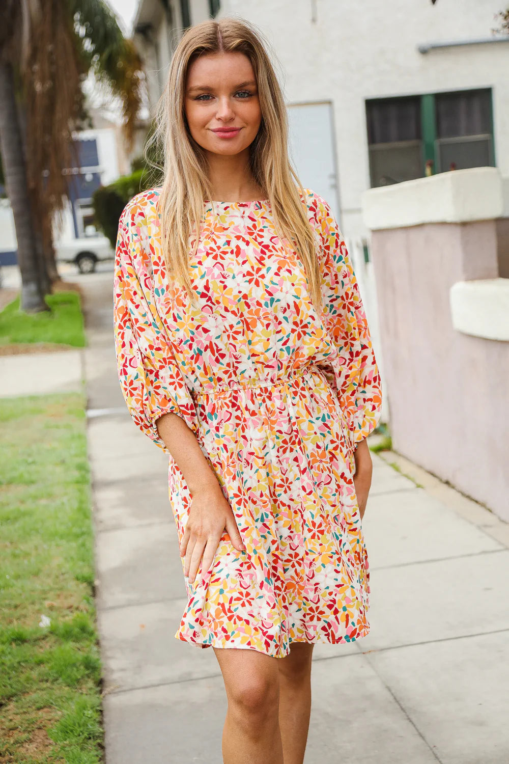 MULTI COLOR FLORAL SYNCHED WAIST POCKETED DRESS