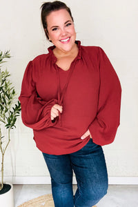 BURGUNDY FRILLED EDGED VNECK TIE LONG SLEEVE TOP-PLUS