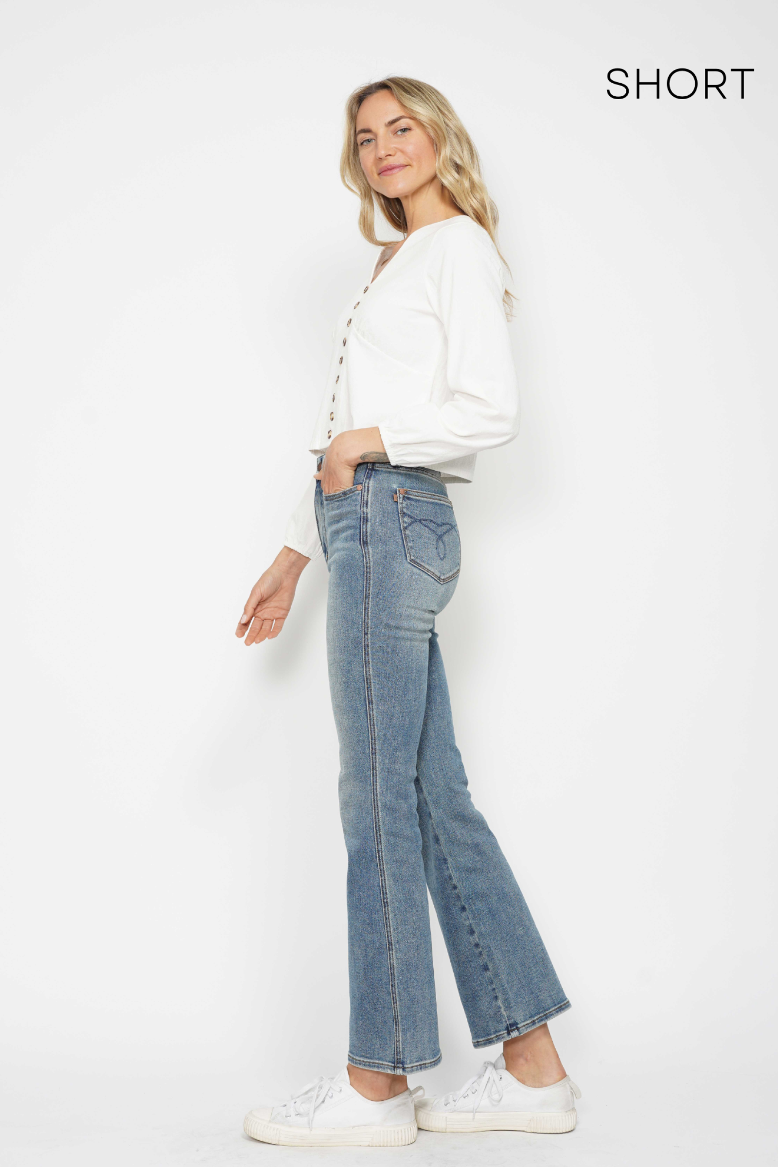 *SHORT INSEAM* HIGH WAIST TUMMY CONTROL MEDIUM WASH BACK POCKET EMBROIDERY BOOTCUT JUDY BLUE DENIM