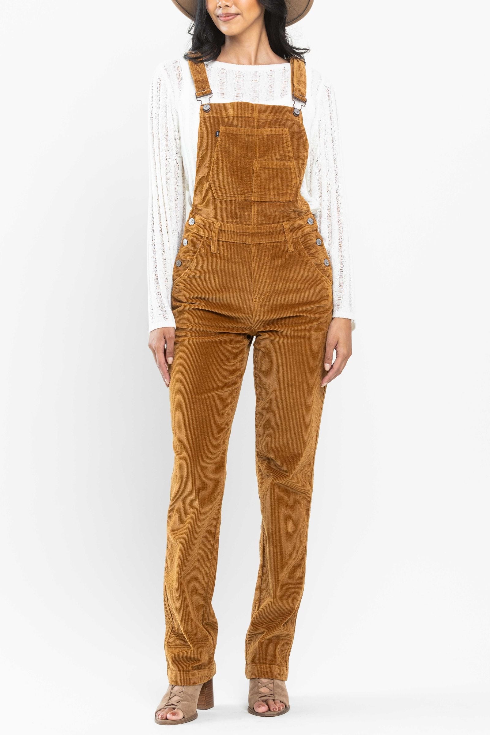 High Waist Camel Over Dyed Corduroy Overalls Straight Fit Judy Blue