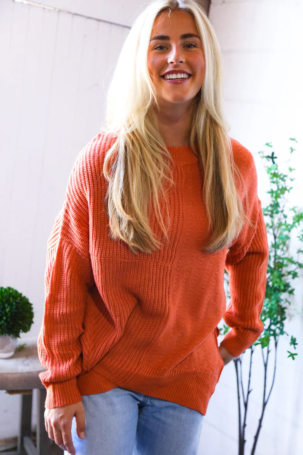 SOLID PUMPKIN ORANGE/RUST OVERSIZED SLOUCHY SWEATER-PLUS