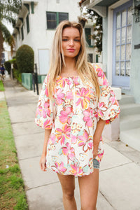 IVORY PINK FLORAL BUBBLE SLEEVE TOP-PLUS