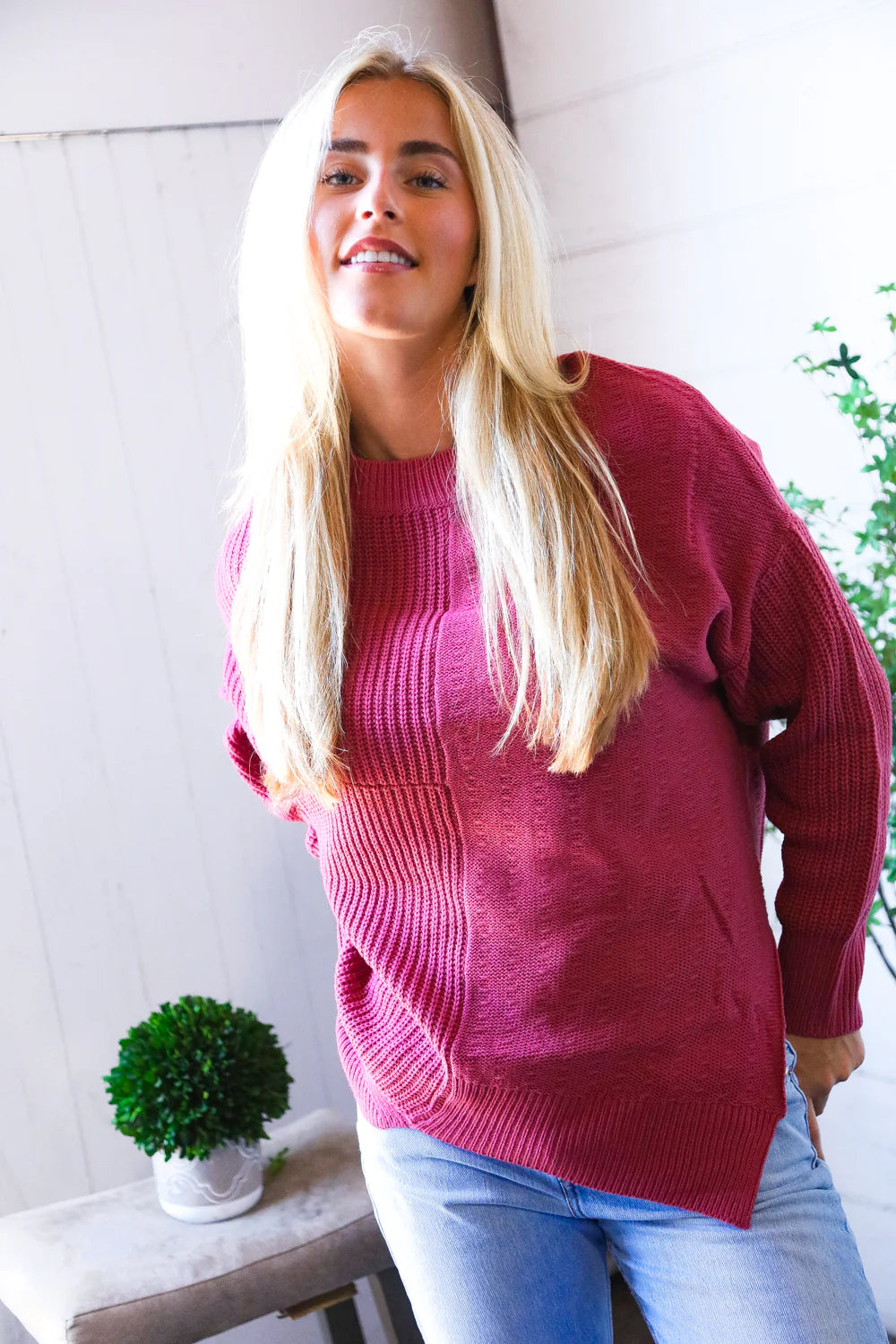 SOLID MAUVE/MAROON/MARSALA OVERSIZED SLOUCHY SWEATER-PLUS