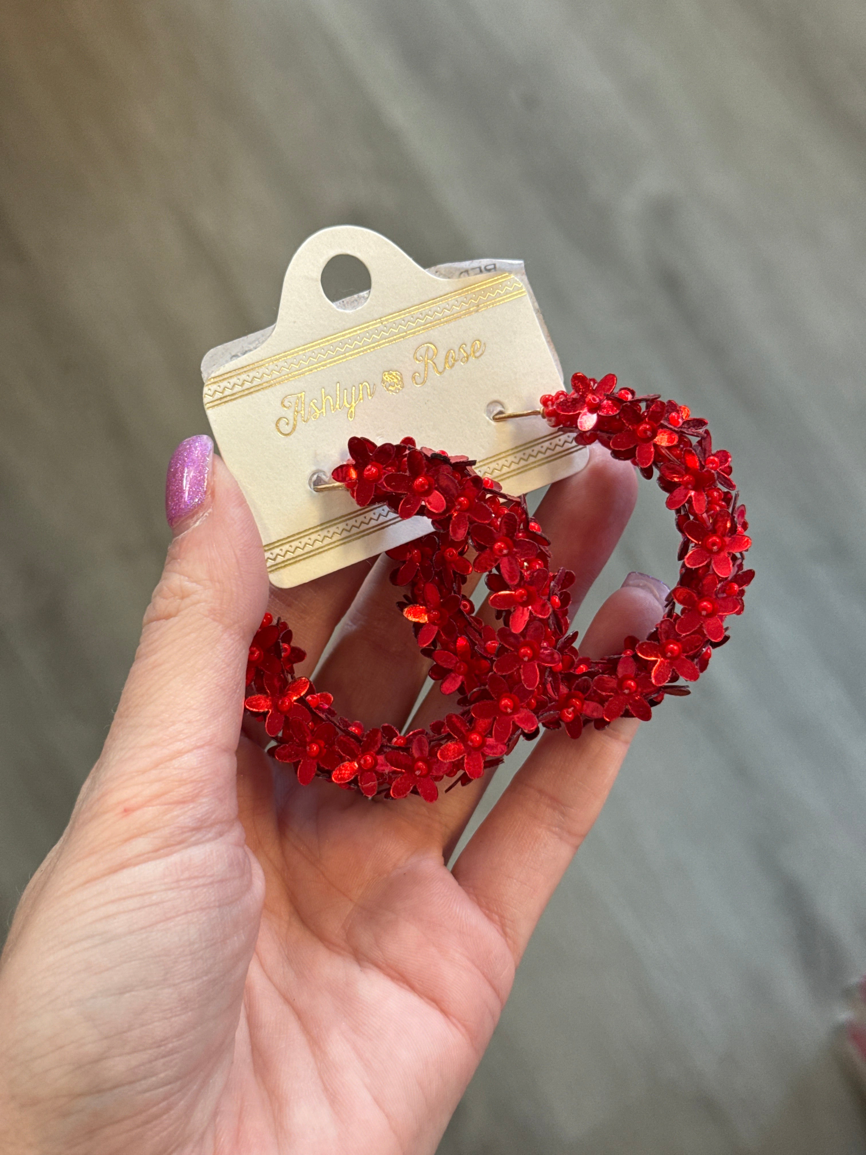 RED PETAL HOOP EARRINGS- SALE- 1 LEFT