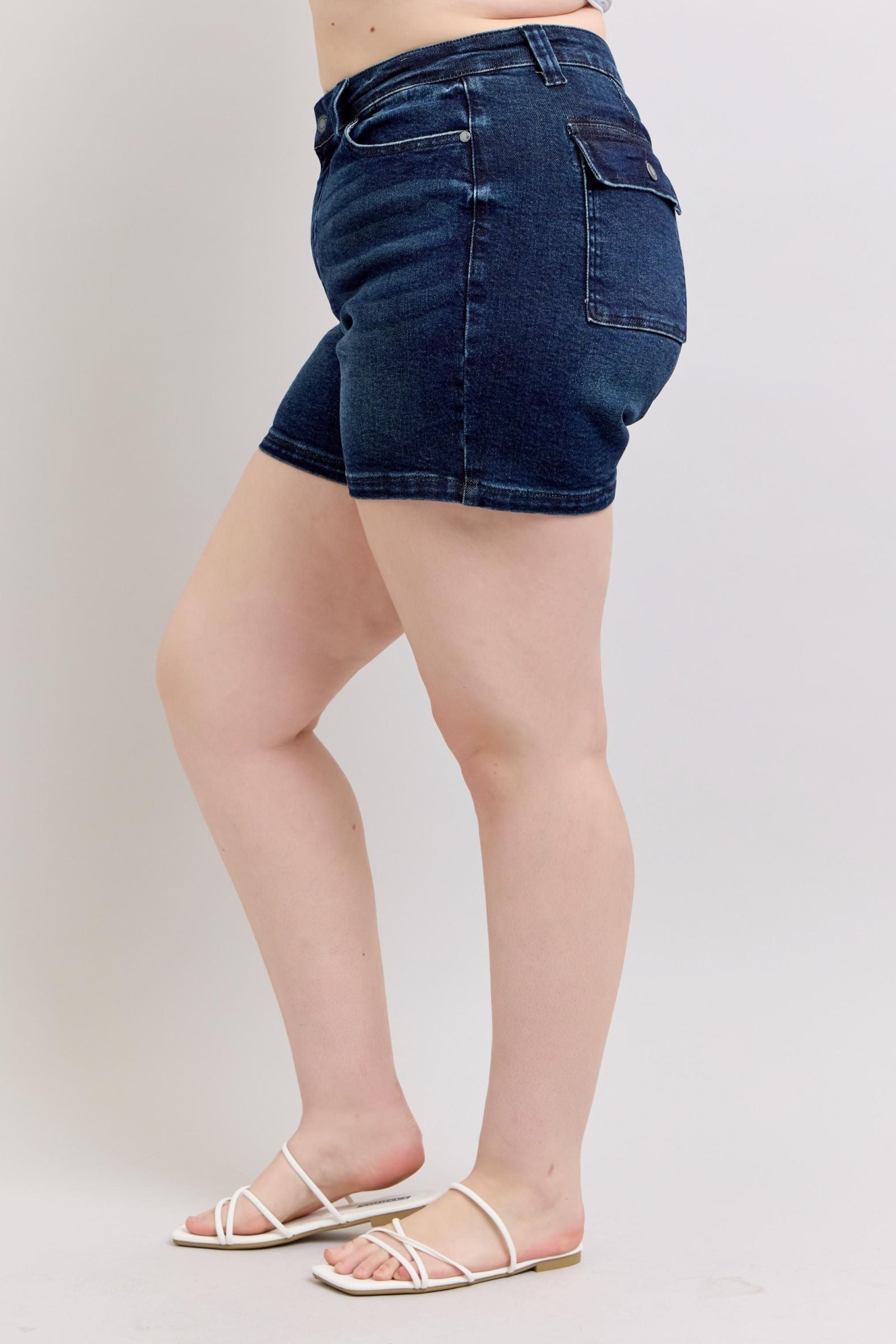 MEDIUM BLUE HIGH WAIST BACK FLAP POCKETED SHORTS JUDY BLUE DENIM-PLUS