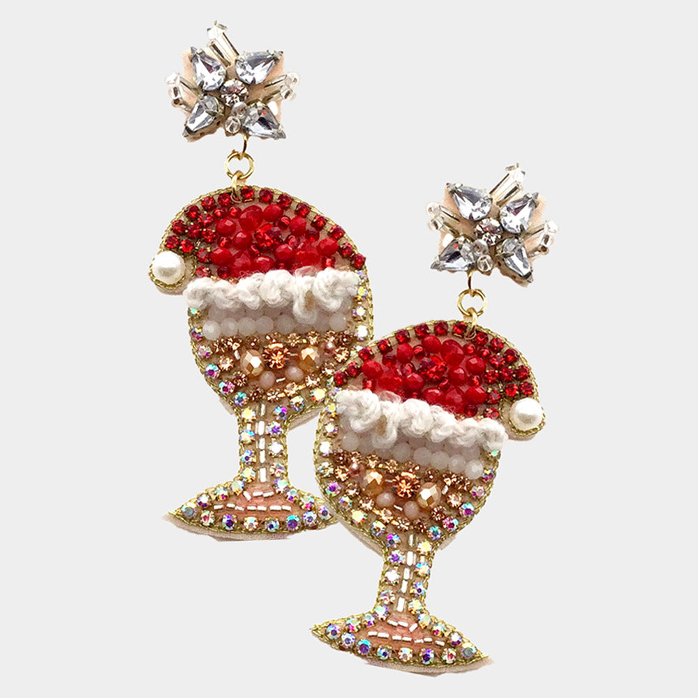 WINE GLASS SANTA HAT BLINGY SEEDBEAD RHINESTONE EARRINGS