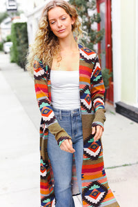 OLIVE RUST AZTEC WESTERN VIBES DUSTER CARDIGAN