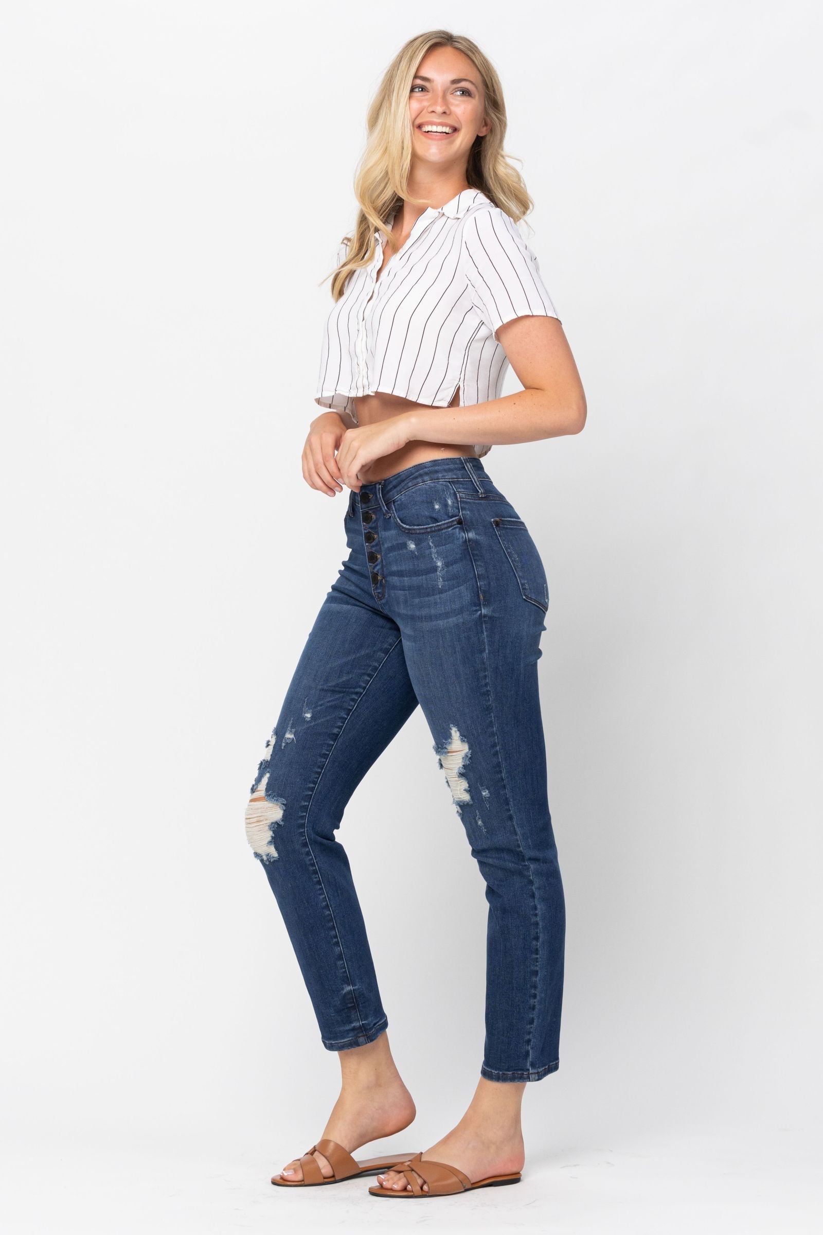 Darkwash High Waist Zig Zag Button Fly Destroyed Boyfriend Judy Blue Denim