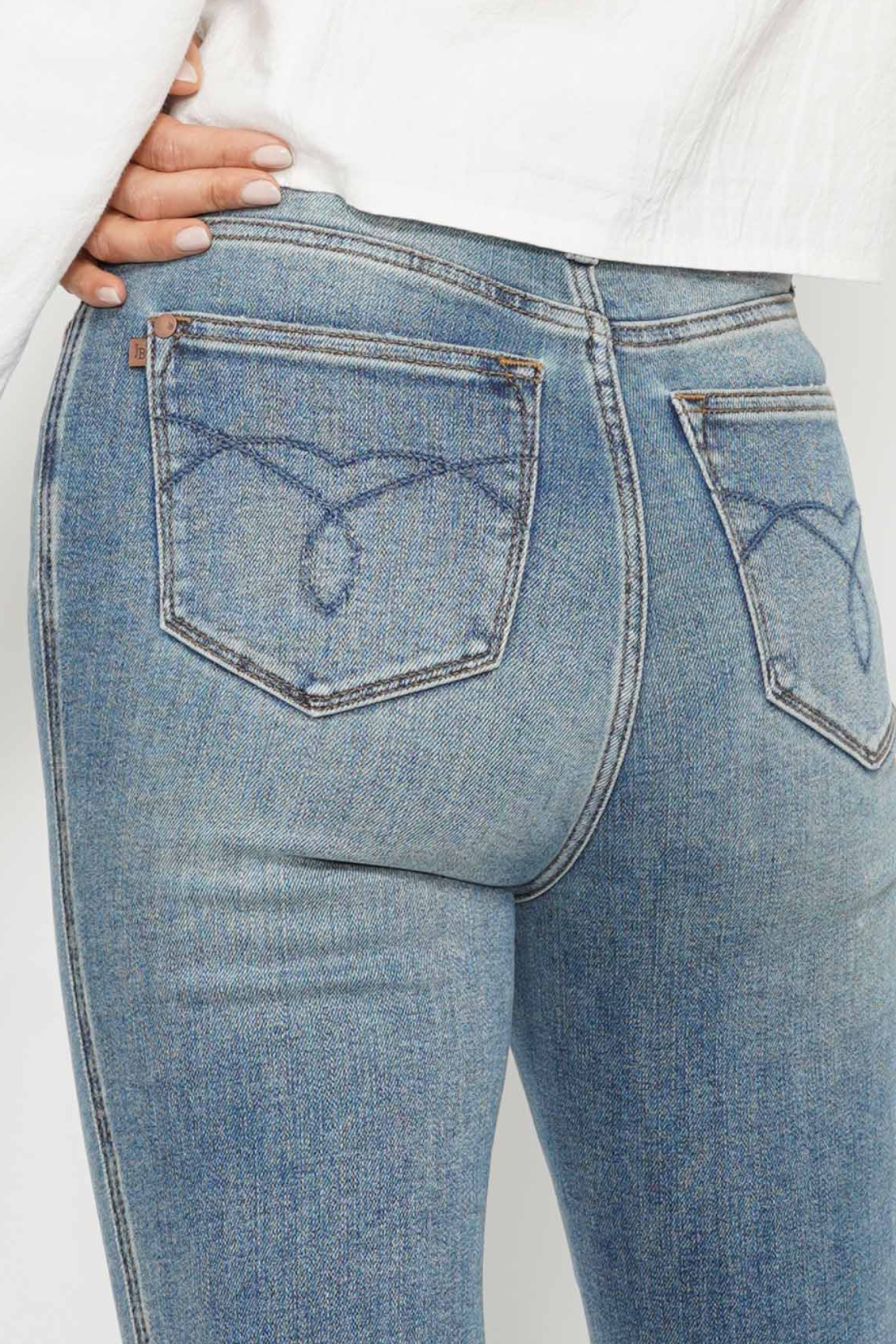 *SHORT INSEAM* HIGH WAIST TUMMY CONTROL MEDIUM WASH BACK POCKET EMBROIDERY BOOTCUT JUDY BLUE DENIM