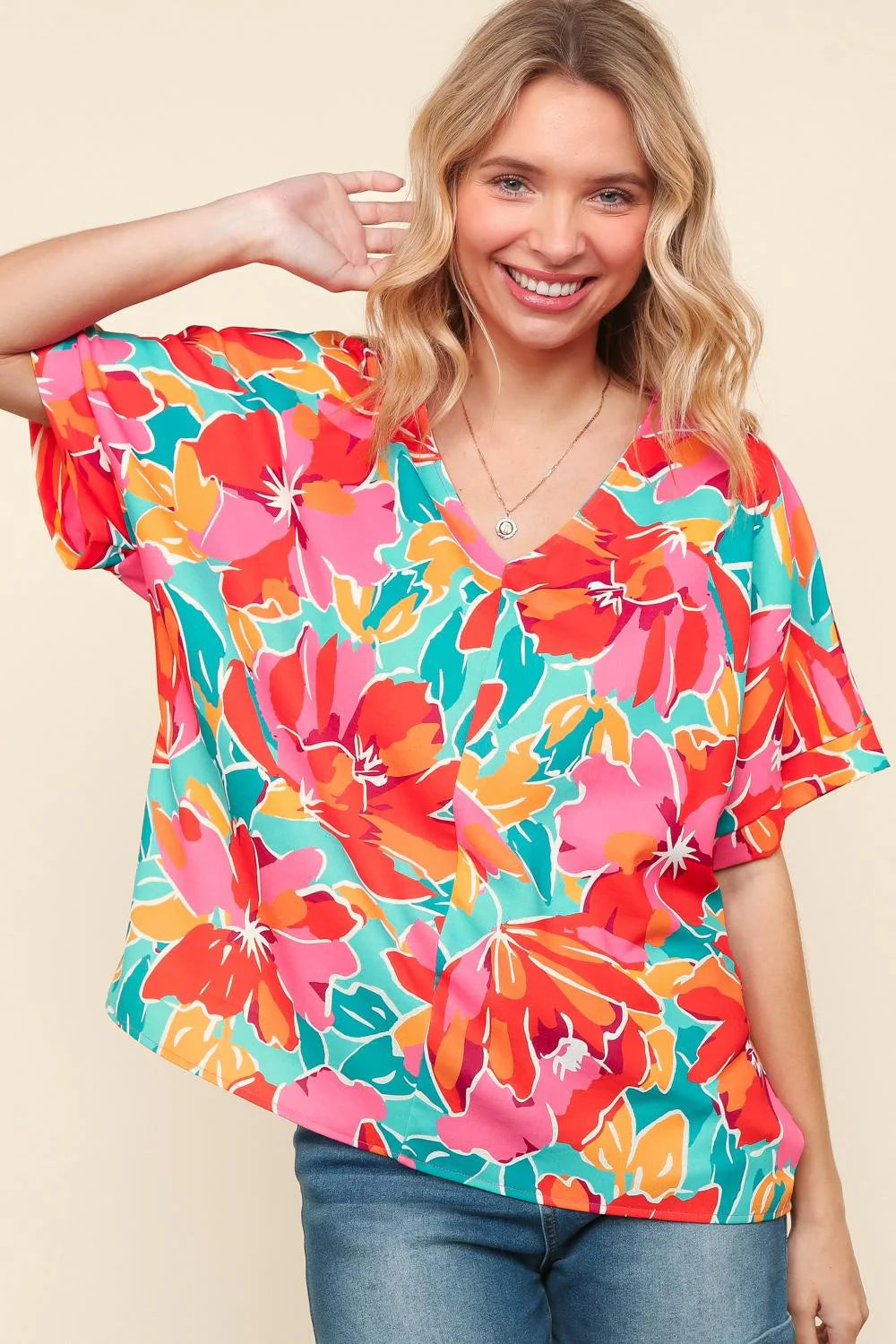 AQUA FUCHSIA FLORAL WOVEN DOLMAN BLOUSE